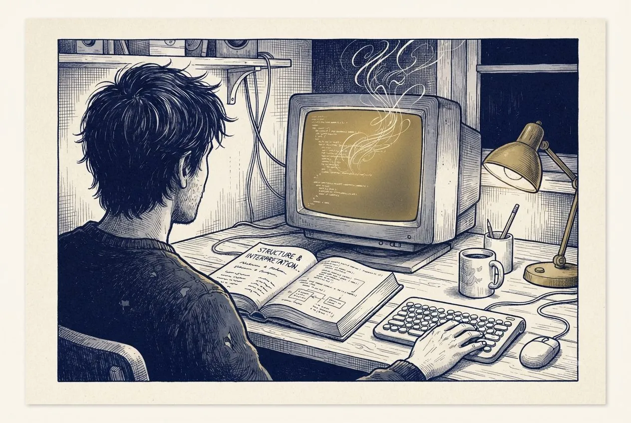 A programmer seen from behind at a late-night desk with an old boxy monitor, a coffee mug and an open book; ribbons of abstract code curl up from the screen under a gold desk lamp.