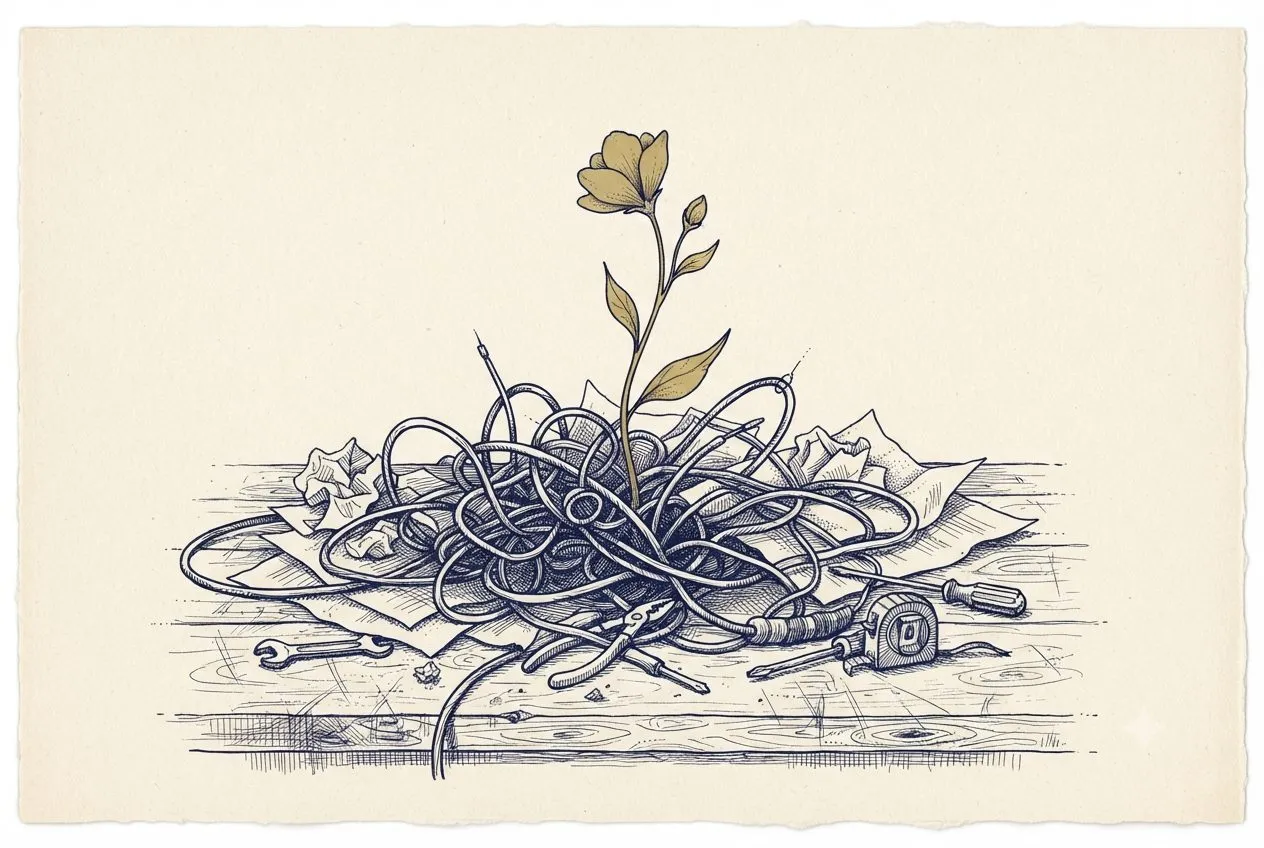 A single gold flower growing out of a tangle of knotted cables and crumpled paper on a workbench.