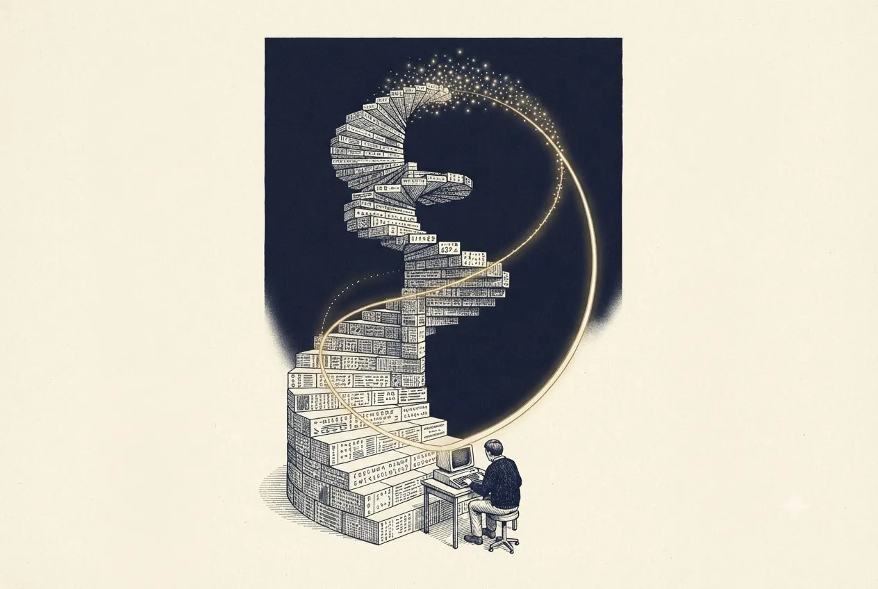 A spiral staircase of stacked code-like blocks; a small figure types at an old keyboard at the bottom, and at the top the stairs dissolve into gold light that curves back down to become the first step.