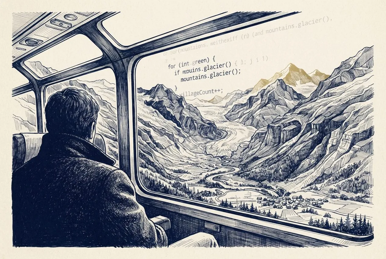 View from inside a panoramic train carriage past a passenger's shoulder, out to a glacier valley; faint lines of code reflect in the glass.