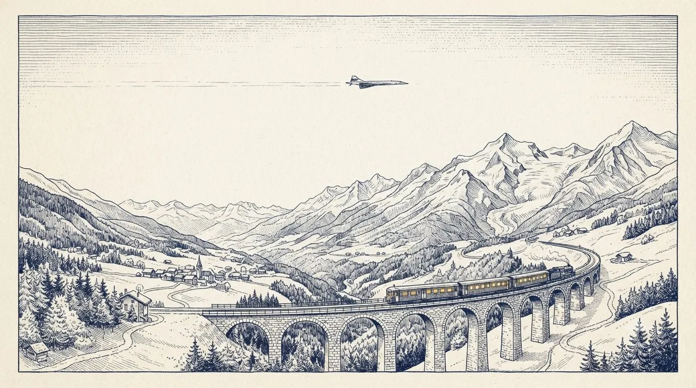 A supersonic jet high in an empty sky above a small train crossing a stone viaduct through snowy mountains.